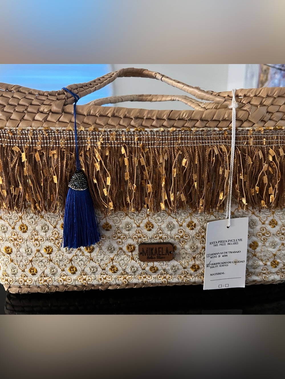 Woven Fringe Tote Bag - Cream and Brown